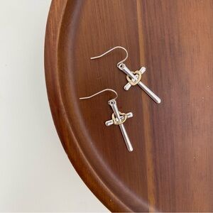 4/$15 Silver Cross Gold Heart Drop Earrings